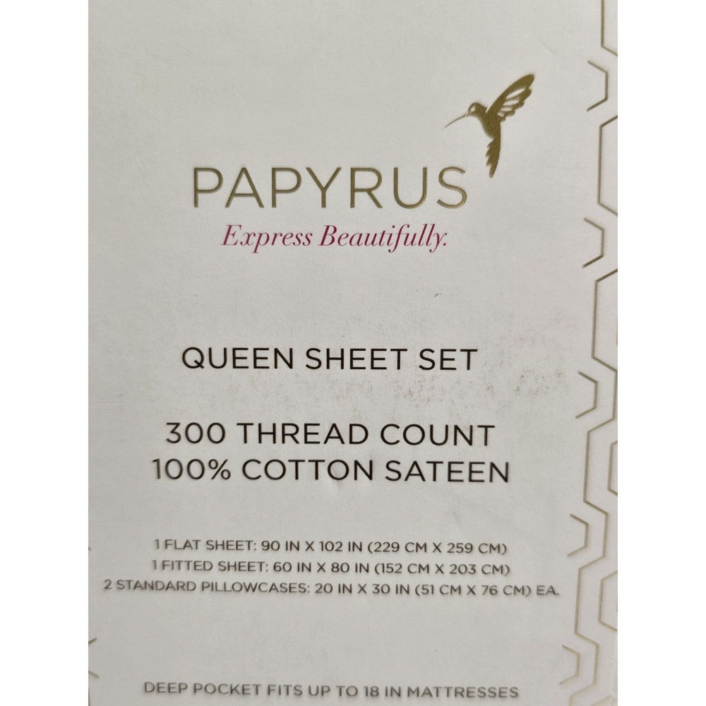 PAPYRUS   300 Thread Count 100%  Cotton Sateen Queen 4 Piece White Sheet Set - Picture 6 of 6
